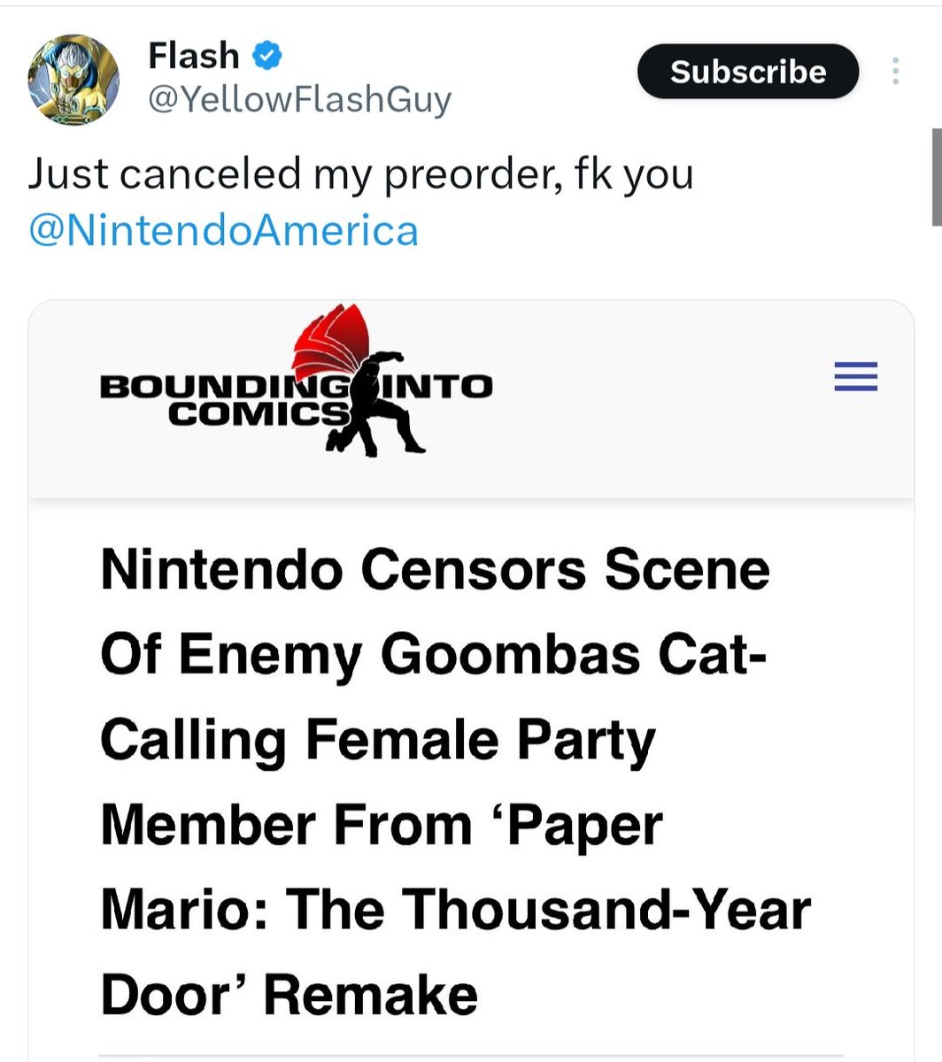 I find it rather interesting they were okay with the dialogue changes in the remake that people were discussing for months and chuds haven't spoken up about that censorship But now they're boycotting Paper Mario because they're censoring a woman being harassed