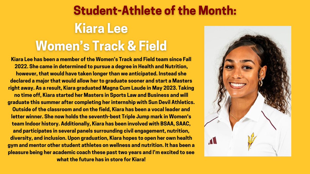 The final Student-Athlete we are honored to highlight this month is our High-Achieving Female Student-Athlete of the Month: Kiara Lee from @SunDevilTFXC! Your hard work and leadership is inspiring. Amazing work Kiara! @TheSunDevils #O2V!