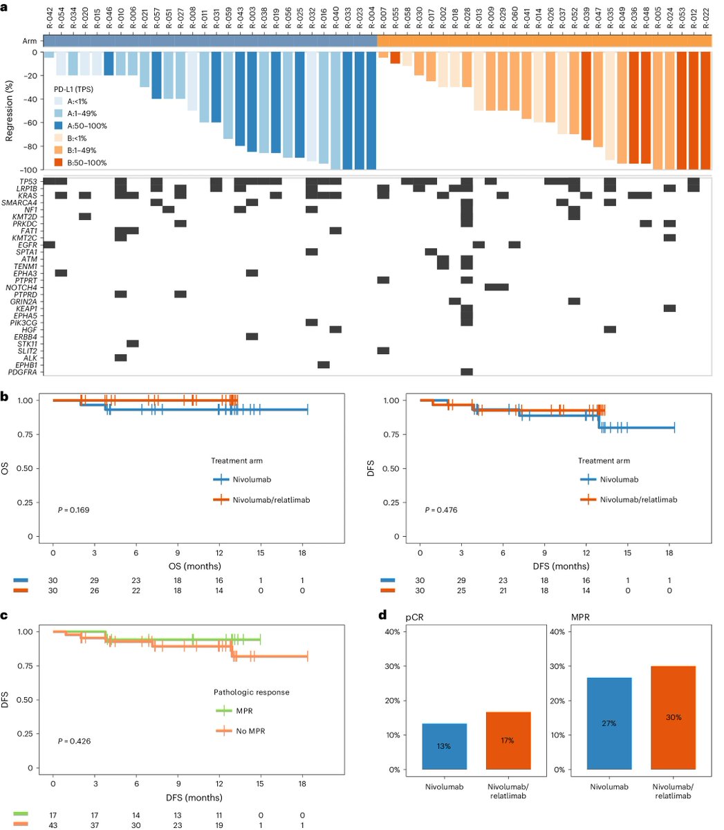 T:👉Nature Medicine dergisinde yayınlanan yeni makale,* devam eden bir faz 2 çalışmasında, tedavi görmemiş 60 ameliyat edilebilir küçük hücreli dışı akciğer kanseri hastasında, nivolumab (anti-PD-1 antikoru) tek başına veya relatlimab (anti-LAG-3 antikoru) ile birlikte test