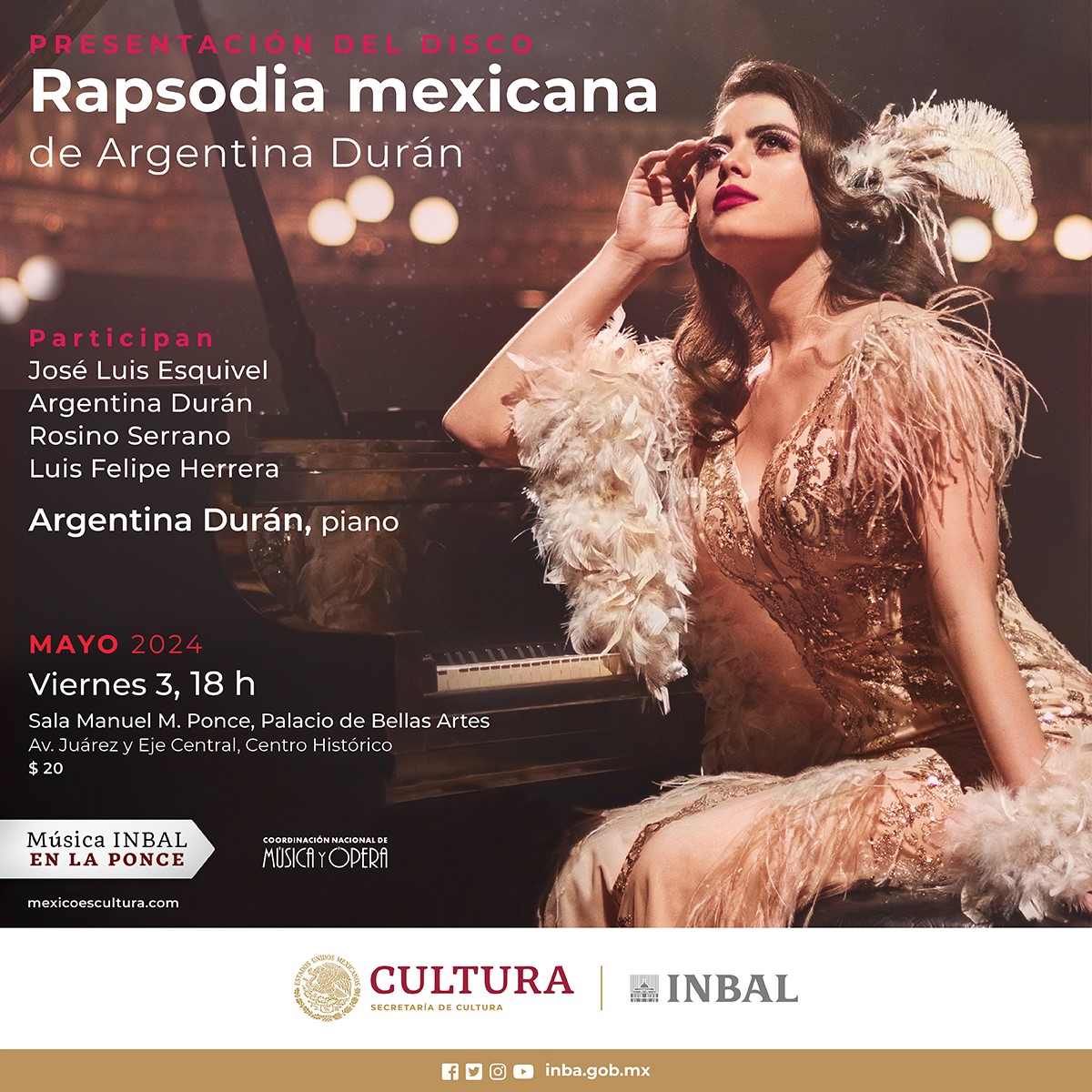 #90AniversarioPBA Con música de Jesús A. Corona, la pianista Argentina Durán presentará su disco 'Rapsodia mexicana'. 🗓Mayo 3, 18 h 📍Sala Manuel M. Ponce del Palacio de Bellas Artes 🎟lc.cx/_NSDgU