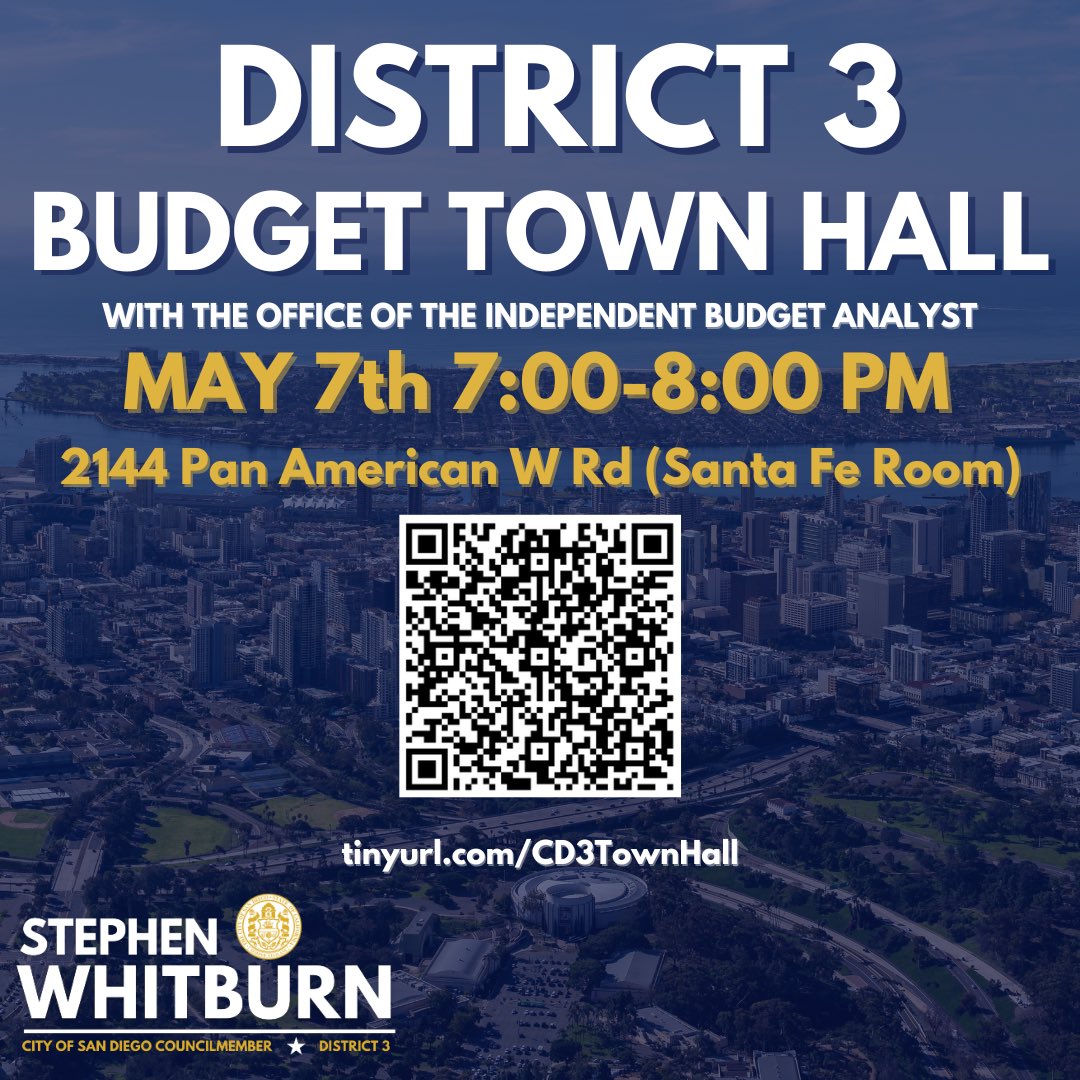 Join us at our annual budget town hall in partnership with the Independent Budget Analyst (IBA) on May 7th, 7 pm at the Balboa Park Club's Santa Fe Room. Learn about the City's budget process. RSVP Here: tinyurl.com/CD3TownHall