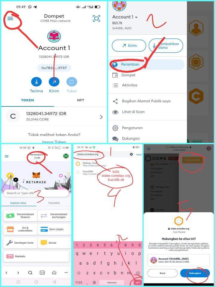 Cara Staking Koin CORE

1. Klik garis tiga
2. Klik Peramban
3. Klik lagi Peramban di atas
4. Tulis/masukan alamat ini :     stake. coredao. org ( tanpa spasi )
5. Klik connect wallet (klik garis 3 pojok kanan atas), trus klik hubungkan.
6. Klik Validator 
7. Pilih salah satu