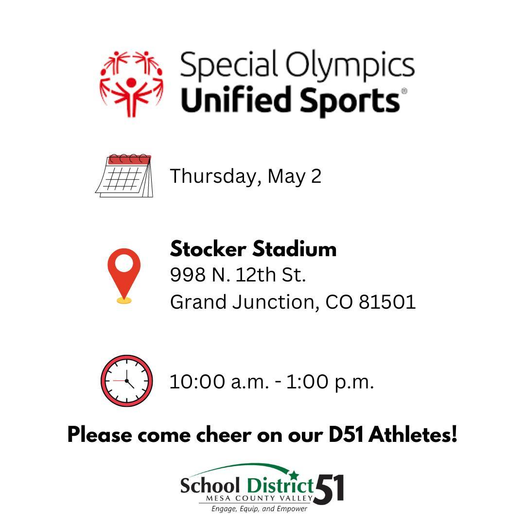 Special Olympics are coming soon! 

📅 Thursday, May 2
📍 Stocker Stadium
998 N. 12th St.
Grand Junction, CO 81501
⌚ 10 a.m. - 1 p.m.

Please direct any questions to your student's SPED teacher or coordinator. 

Come cheer on our D51 athletes! 

#WeAreD51
