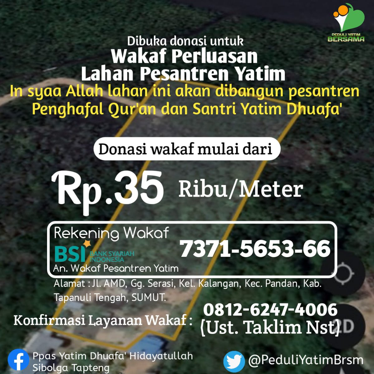 Bismillah...yuk sedekah subuhnya utk perluasan lahan pesantren @PeduliYatimBrsm , dgn sedekah 35rb/meter insya Allah sdh menjadi tabungan di Akhirat kelak. Aamiin 🤲🏼😊

Yuk ikutan Infaq&Wakaf buat Mereka.
➡️Rek Wakaf 
An/Wakaf Pesantren Yatim
BSI : 7371565366