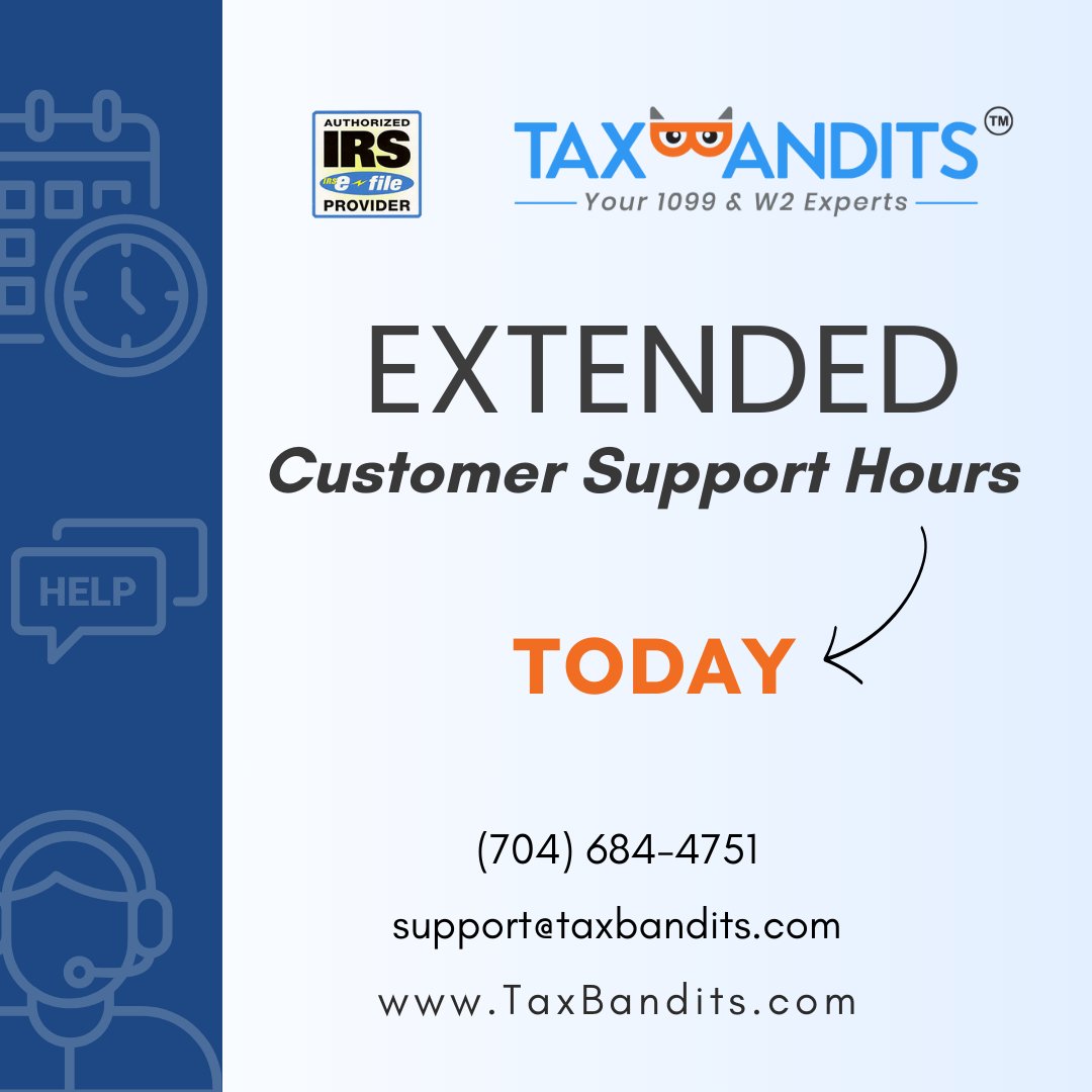 taxbandits's tweet image. Our team is here to answer your last-minute Form 941 filing questions!
We're extending our support hours until 7 PM EST!
#customersupport #clientsuccess #extendedsupport