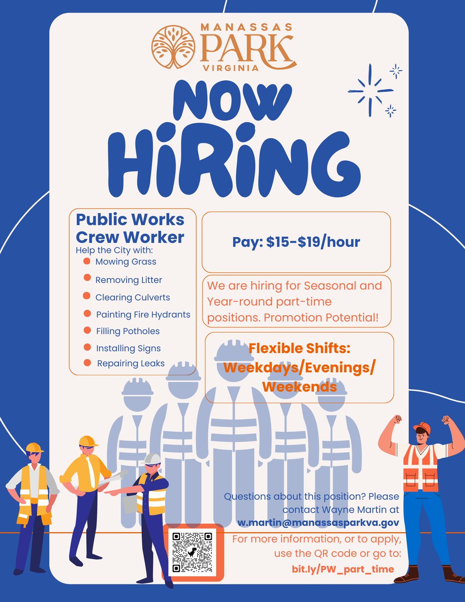 Our Public Works team is hiring for Seasonal and Year-round part-time Crew Workers. Flexible shifts and promotion potential! For more information, or to apply, please visit: cms7.revize.com/revize/manassa…