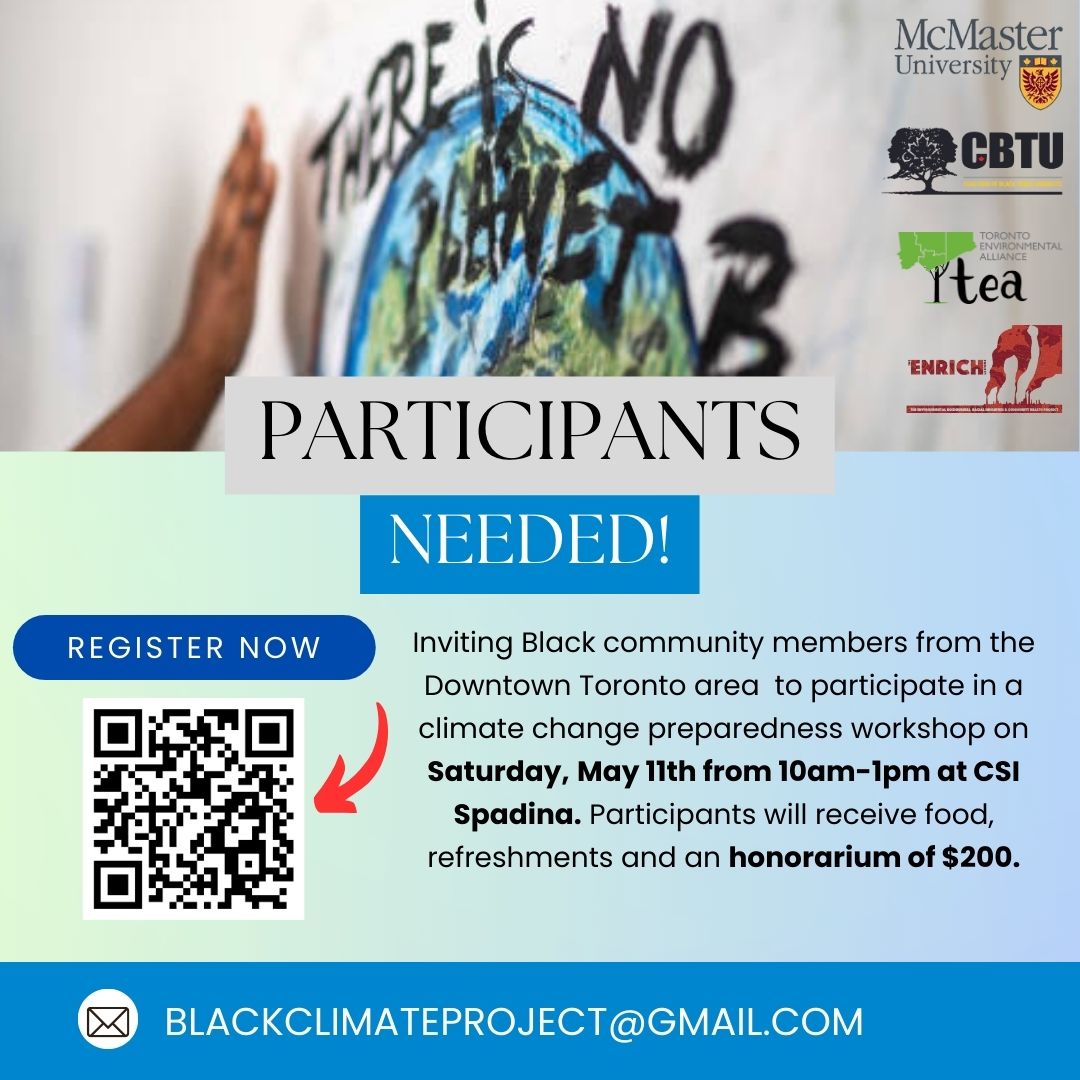 Are you a Black resident in downtown Toronto? If you are interested in participating in a workshop on climate change preparedness in Black communities at CSI Spadina on Saturday, May 11 from 10 am -1 pm, please sign up. $200 honorarium/catered meal: docs.google.com/forms/d/e/1FAI…