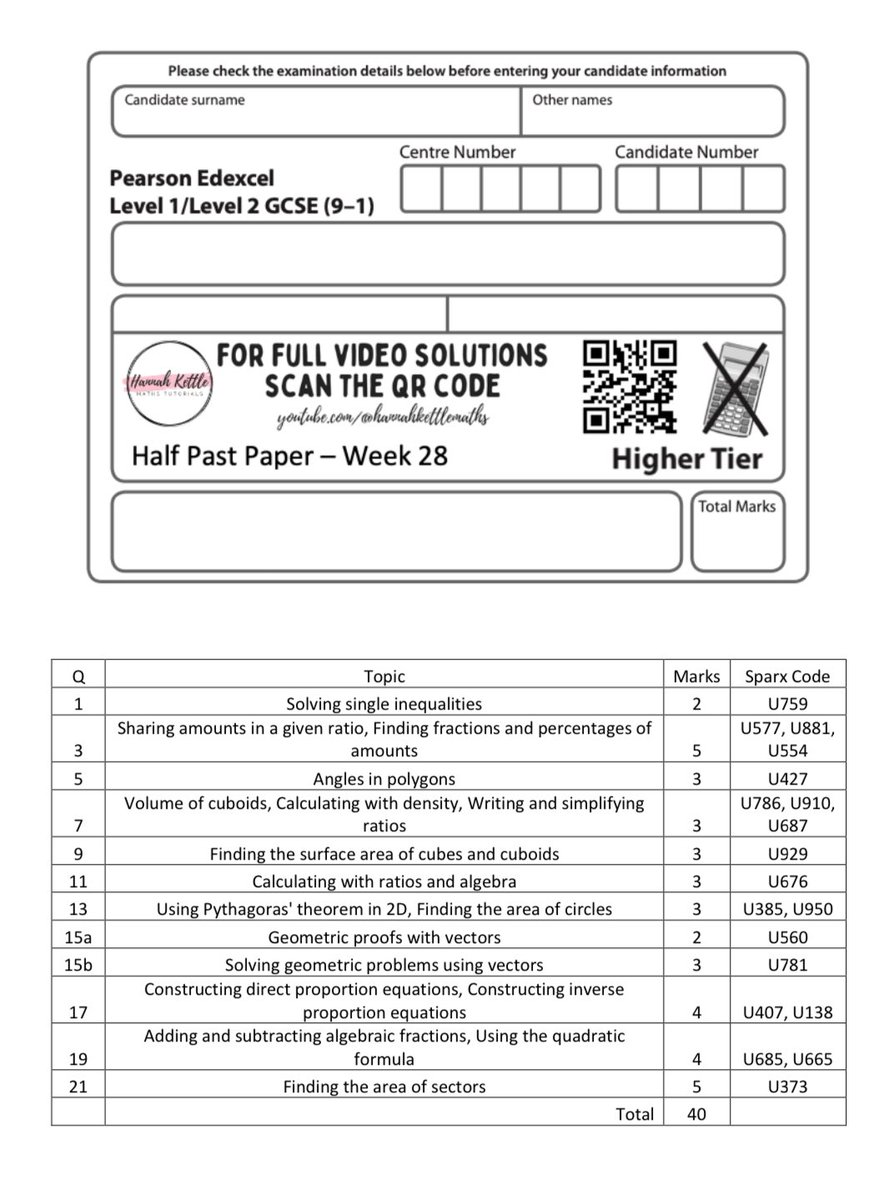 The weekly half past papers for Higher & F (Week 28) are up. LIVE on TikTok (@hannahkettlemaths) on Thurs Eve (2nd May) but QR code to the YT vid for any students who can’t make it. Perfect revision for Y11 and Sparx codes on the front too. Download here: bit.ly/3GCHvws