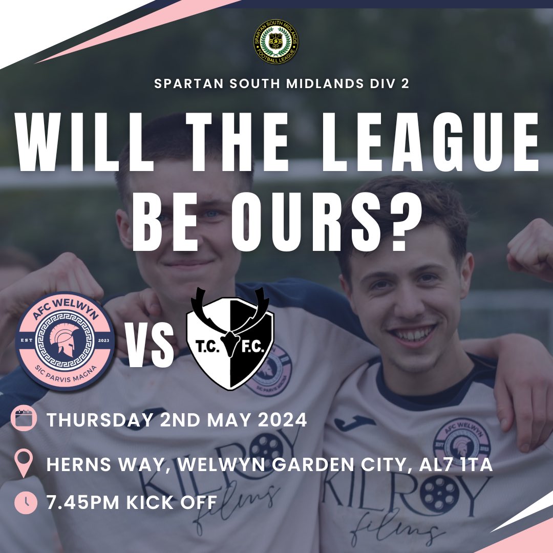 Now that @BovingdonFC have dropped points tonight can THE MIGHTY ROMANS win the league this THURSDAY? 🆚 @TCAFC_Official ⏰ 7:45pm kick off 🏟️ Herns Way, Welwyn Garden City, AL7 1TA 🍺 Bar is open 🍔 Burgers are banging 🎟️ afc-welwyn-ltd.sumupstore.com/product/2nd-ma… Come down, support The