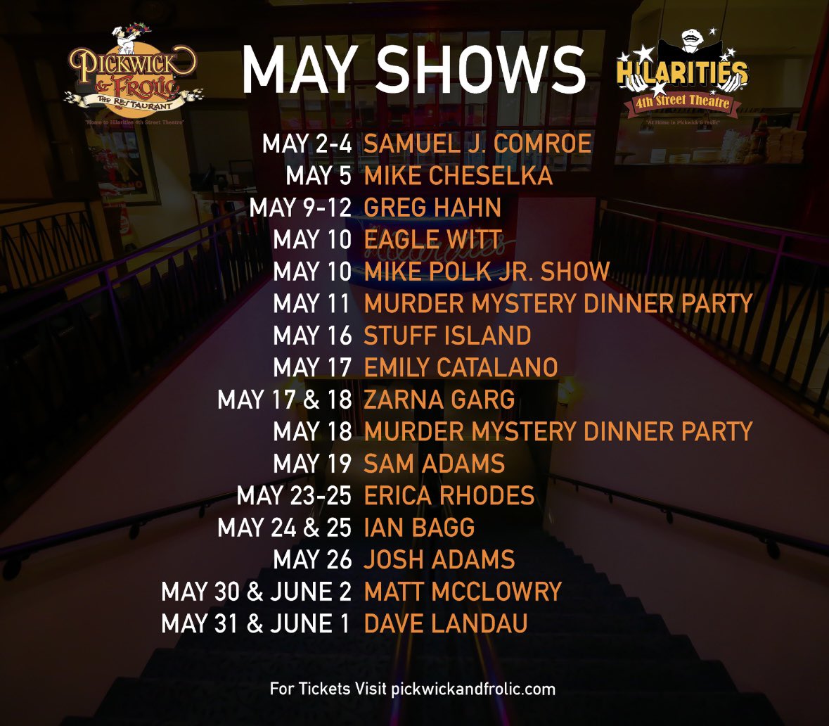May starts tomorrow and the calendar is 🔥🔥 Tickets to all shows are available here: pickwickandfrolic.com/comedy-calenda…