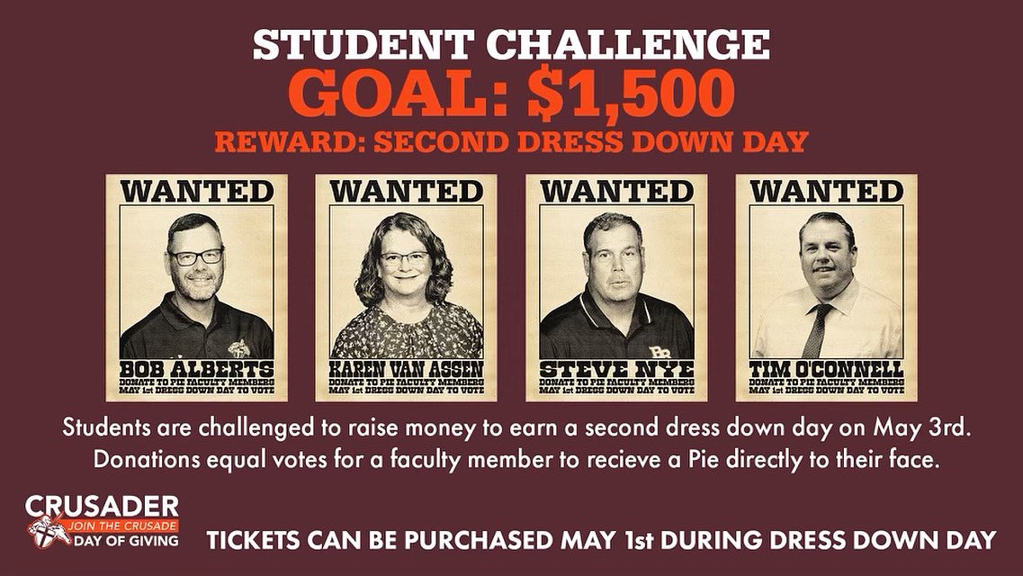 DRESS DOWN DAY TOMORROW‼️

$3 dress down = 1 ticket 
Each additional $1 = an additional ticket

Each ticket equals a vote to see which faculty/staff member will get a pie in the face 🥧
