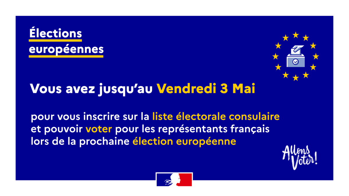 #Europeennes2024 #AllonsVoter 
⚠ PLUS QUE 3 JOURS ⚠ pour vous inscrire sur les listes électorales. 
Inscrivez-vous avant vendredi soir pour voter le 8 juin au plus proche de chez vous 👉 swll.to/4h6SxKe

@francediplo @FR_Consulaire #FrançaisdelEtranger