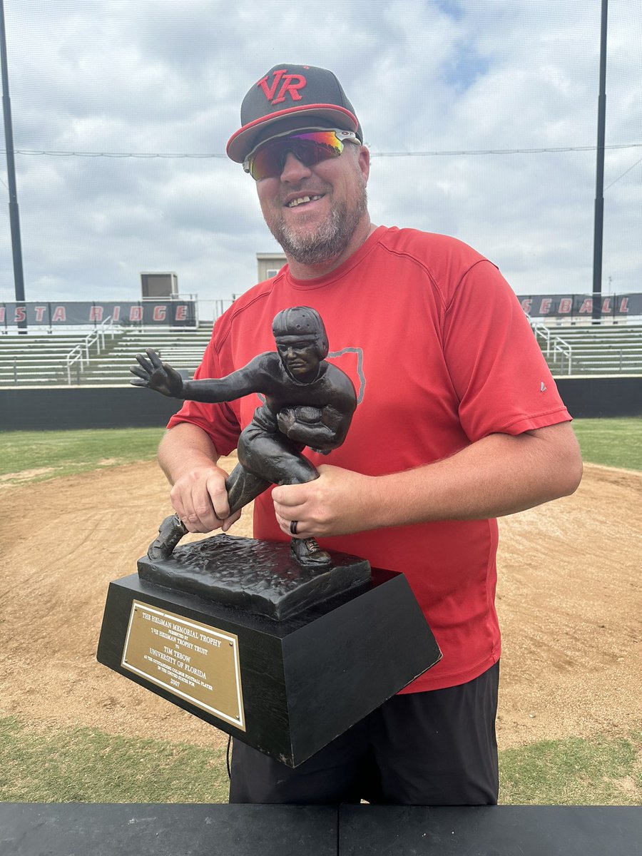 Not every day @TimTebow Heisman trophy ends up at @vrhsbaseball field! Nice touch getting ready for the playoffs this week!! #BCM