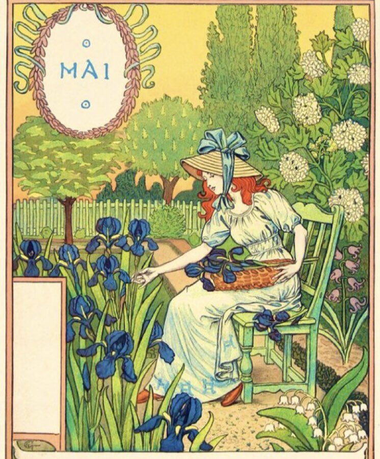 #May by Eugene Grasset, for La Belle Jardiniere, #artnouveau calendar, 1896. #May1st #1stMay #MayDay #Beltane #spring #MayDay2024 #WyrdWednesday #LegendaryWednesday