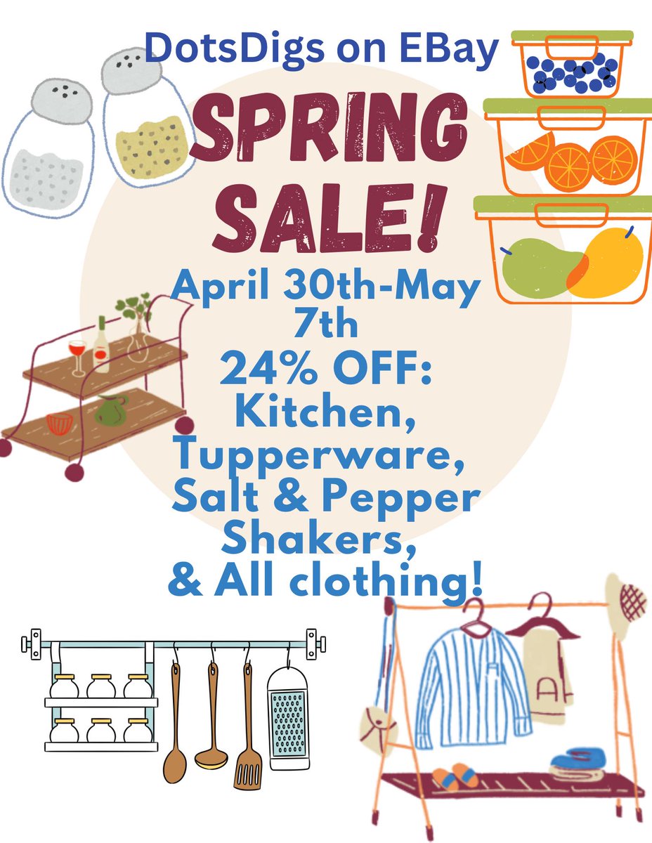 Time for spring cleaning. 24% off just in time for Mother's Day and Father's Day. ebay.com/str/dotsdigs?m…
#Sale #eBay #RetroKitchen #Tupperware #Vintage #SaltandPepper #bargainshopping #Gift #ClothingSale #Closethefashionloop #VintageClothing #Scarf