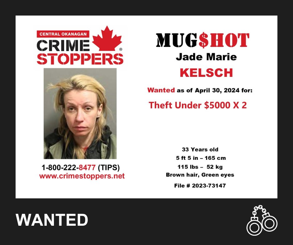 #FugitiveFriday's suspect is Jade Kelsch, wanted for two counts of theft.  Know her?  Tell us about it.  crimestoppers.net or 1-800-222-8477 #CrimeStoppers #CentralOkanagan