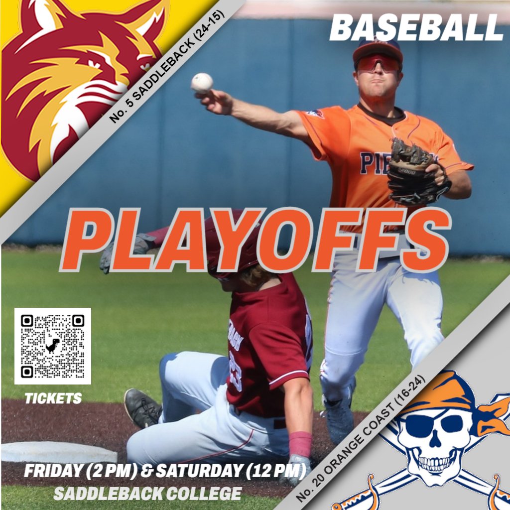 Attention baseball fans! The OCC Pirates have made the playoffs and will be at Saddleback College for a best-of-three regional playoff series, beginning on Friday at 2 p.m., with Game 2 set for Saturday at 12 p.m. GO COAST!! @orangecoast