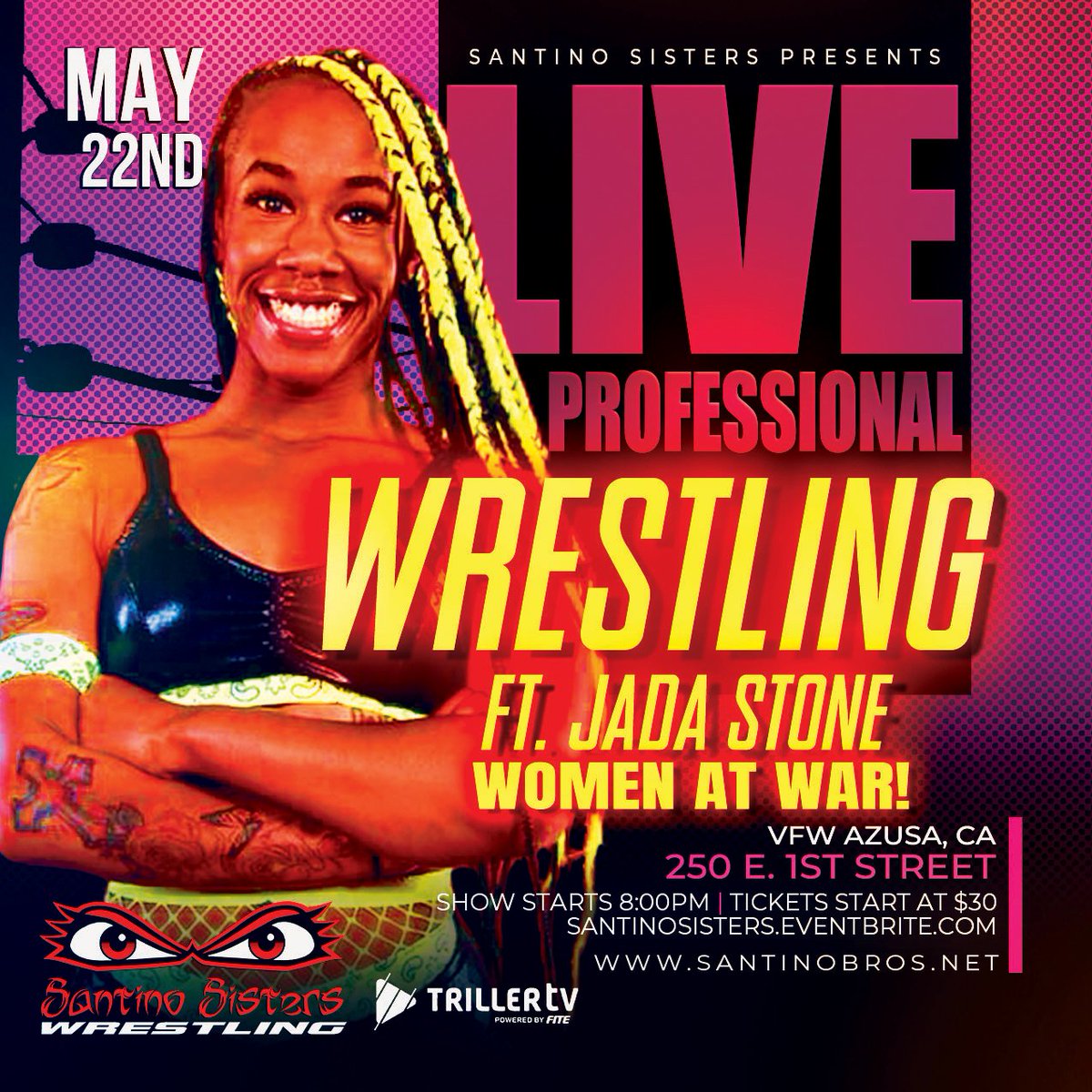 📢 TALENT ANNOUNCEMENT 🚨 𝙅𝘼𝘿𝘼 𝙎𝙏𝙊𝙉𝙀 𝘿𝙀𝘽𝙐𝙏𝙎! 🔥 WOMEN AT WAR! 📅 WEDNESDAY May 22nd at 8pm 📍 VFW, Azusa, CA. 91702 🎟️ SantinoSisters.eventbrite.com 📺 Streaming on #TrillerTV trillertv.com/vl/p/santino-b…