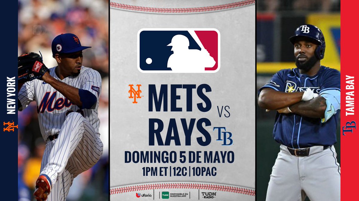 💥 @LosMets de New York 🗽y @RaysBaseball buscan escalar posiciones en sus respectivas divisiones y se enfrentan este domingo en el 'Tropicana Field'🏟️en el tercer juego de la serie🔥⚾️

#LGM 🆚 #RaysUp 

🎙️tudn.com/TUDN-radio
➡️ tun.in/sfwTD