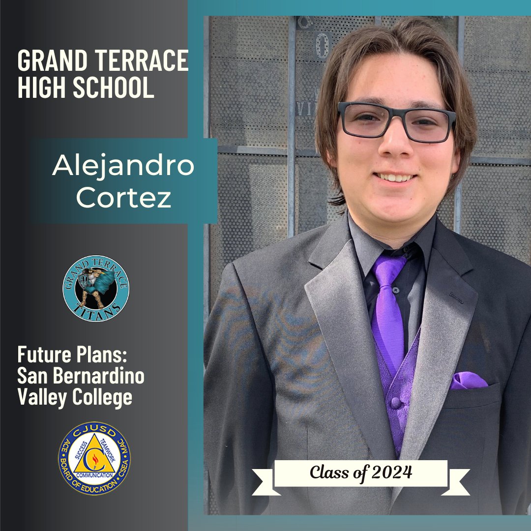 Congrats to Grand Terrace HS 🎓senior Alejandro Cortez, who plans to attend San Bernardino Valley College! We wish you all the best! #CJUSDCares #GTHS #GrandTerraceHighSchool ⚡️⚡️🎉
Seniors, to be featured in our #CJUSD Class of 2024 Spotlight, visit bit.ly/CJUSDsenior2024