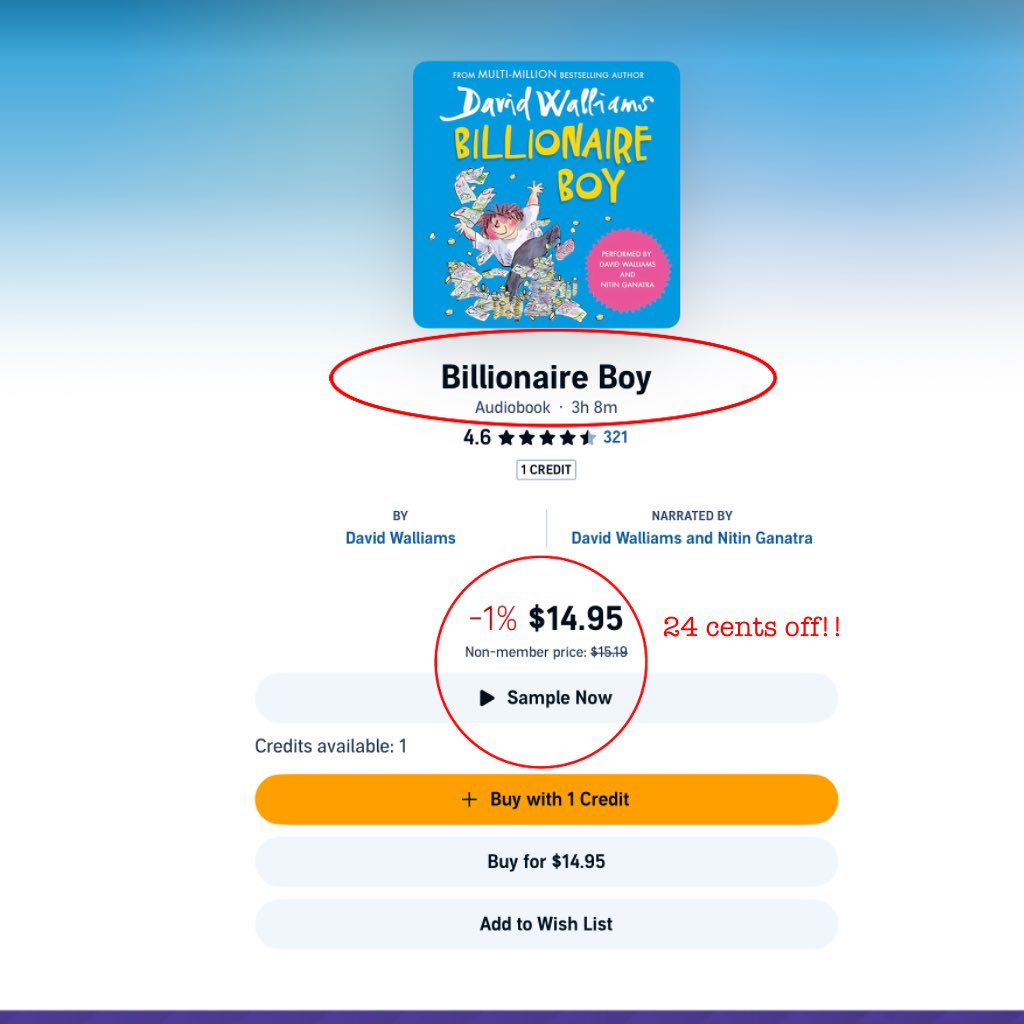 @davidwalliams I had to giggle when I saw Audible reduced ‘Billionaire boy’ by a whopping 0.24cents (AUD). Don’t think I’ve ever seen a -1% reduction. Thought you might like to see this David. 😊