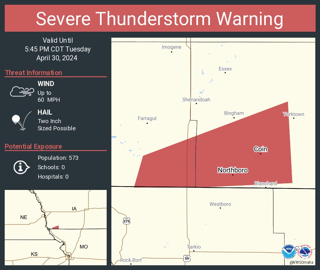 Severe Thunderstorm Warning continues for Coin IA and Northboro IA until 5:45 PM CDT. This storm will contain two inch sized hail!