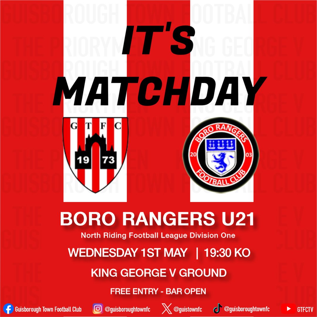 𝗜𝗧'𝗦 𝗠𝗔𝗧𝗖𝗛𝗗𝗔𝗬 Tonight at the KGV the Reserves take on @BoroRangersU21s 🕒19:30 Kick Off