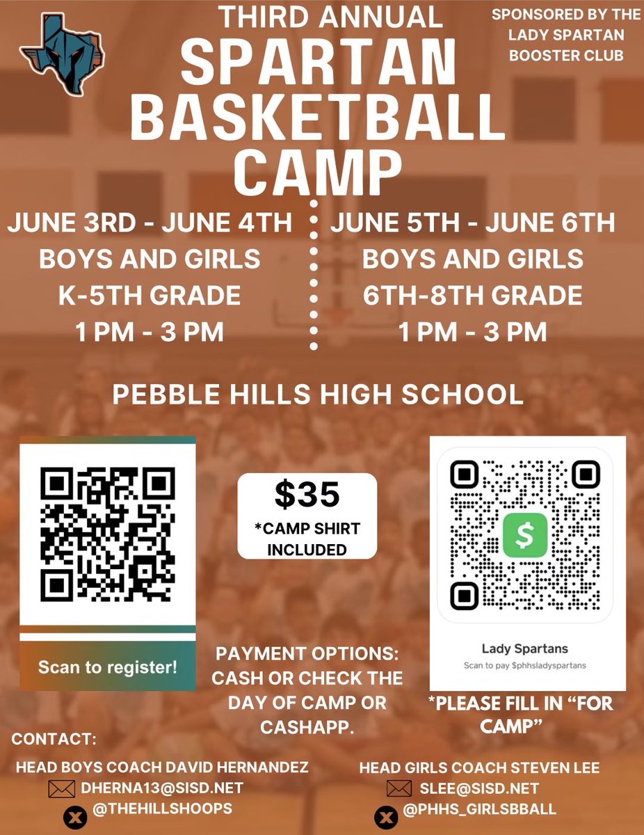 Lady Spartans (@phhs_girlsbball) on Twitter photo Please join us as we host alongside the boys, our 3rd Annual Spartan Basketball Camp. It’ll be a great time filled with learning and teamwork. Great opportunity for all! <a href="/TheHillsHoops/">Pebble Hills Boys Basketball</a> <a href="/CoachVicencio/">Kevin Vicencio</a> @CoachBarrioPHHS <a href="/CoachHDZ13/">David Hernandez</a> <a href="/CBorrego_PHHS/">Coach Borrego</a> @StevenL93792980 <a href="/APRIL_PHHS/">April Marie Ortega-Valdez</a> Please join us as we host alongside the boys, our 3rd Annual Spartan Basketball Camp. It’ll be a great time filled with learning and teamwork. Great opportunity for all! <a href="/TheHillsHoops/">Pebble Hills Boys Basketball</a> <a href="/CoachVicencio/">Kevin Vicencio</a> @CoachBarrioPHHS <a href="/CoachHDZ13/">David Hernandez</a> <a href="/CBorrego_PHHS/">Coach Borrego</a> @StevenL93792980 <a href="/APRIL_PHHS/">April Marie Ortega-Valdez</a>