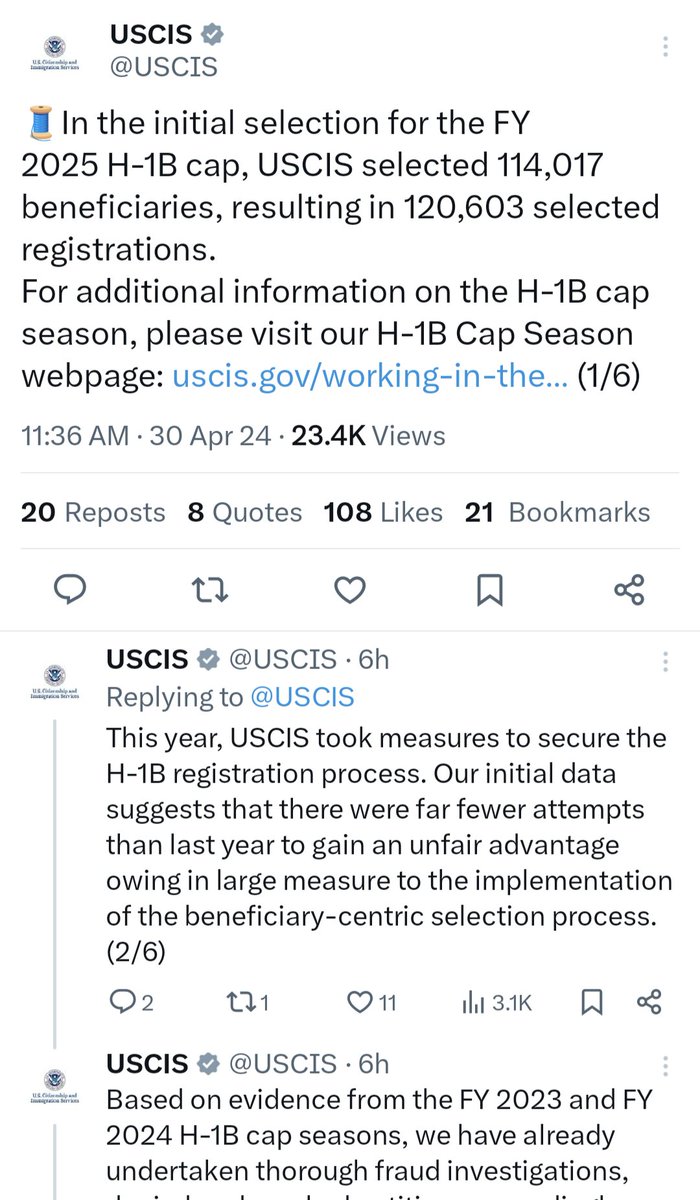USCIS H-1B FY2025 Update by 
g.page/letushandle
x.com/USCIS/status/1…
#immigrate #usimmigrationlawyer #ImmigratetoUSA  #F1Visa #HCAP #L1A #H4EAD #L2EAD #changeofstatus #LegalImmigration 
#workvisausa #h1blottery #H1B #USImmigration #h1bcap #globalmobility #LetUsHandleIt