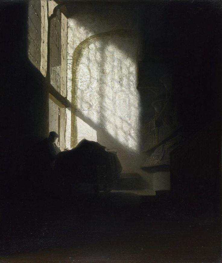 Rembrandt van Rijn (1606-1669) A Man seated reading at a Table in a Lofty Room circa 1629 oil on panel; 55.1 cm x 46.5 cm