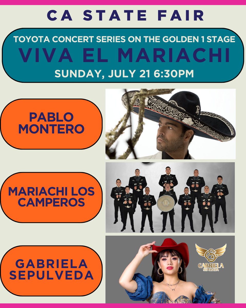Get ready to be serenaded under the stars! ✨Join us at the #CAStateFair on Sunday, July 21 with performances by Gabriela Sepulveda with Mariachi Oro, Mariachi Los Camperos, and Pablo Montero as a part of the @Toyota Concert Series on the @golden1cu Stage. bit.ly/CSFMariachi