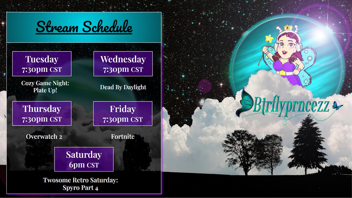 Hello lovelies!! Happy Talk About It Tuesday! Here is this week's stream schedule! We will be starting tonight at 730pm CST with a chaotic run on Plate Up! stream. Hope to see you in chat! 🦋💙 #plateup @StreamerBoom @SmallStreamersR youtube.com/@btrflyprncezz_