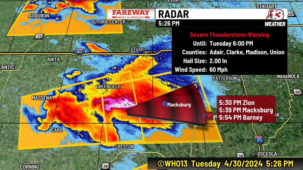 The Waring continues for Adair, Clarke, Madison, Union. Large hail and damaging wind continues to be the biggest threat.