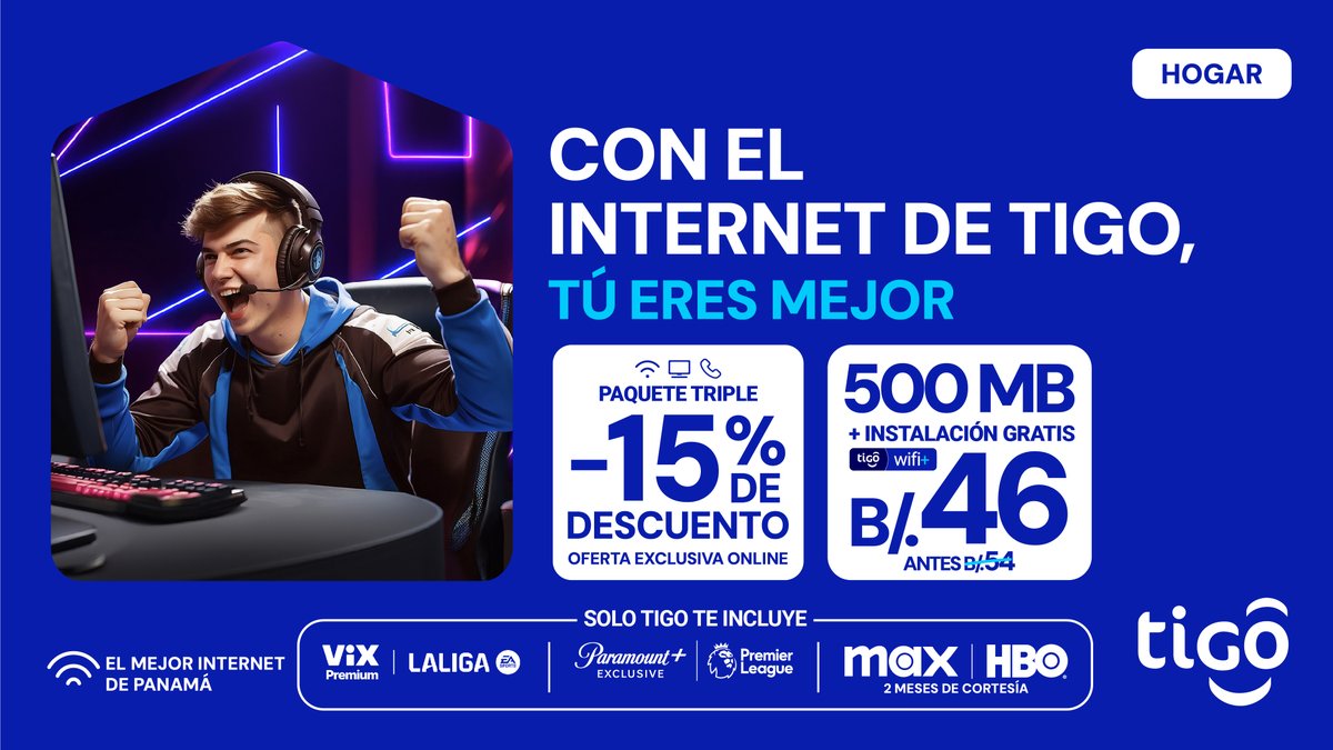 ¡OFERTA EXCLUSIVA ONLINE! 😎 Paquete Hogar de 500 Megas ahora con 15% DE DESCUENTO por 12 meses. Además, INSTALACIÓN GRATIS y beneficios que solo Tigo te ofrece. ⁣ 🎁HBO | MAX GRATIS POR 2 MESES ViX PREMIUM & PARAMOUNT＋ INCLUIDO⁣