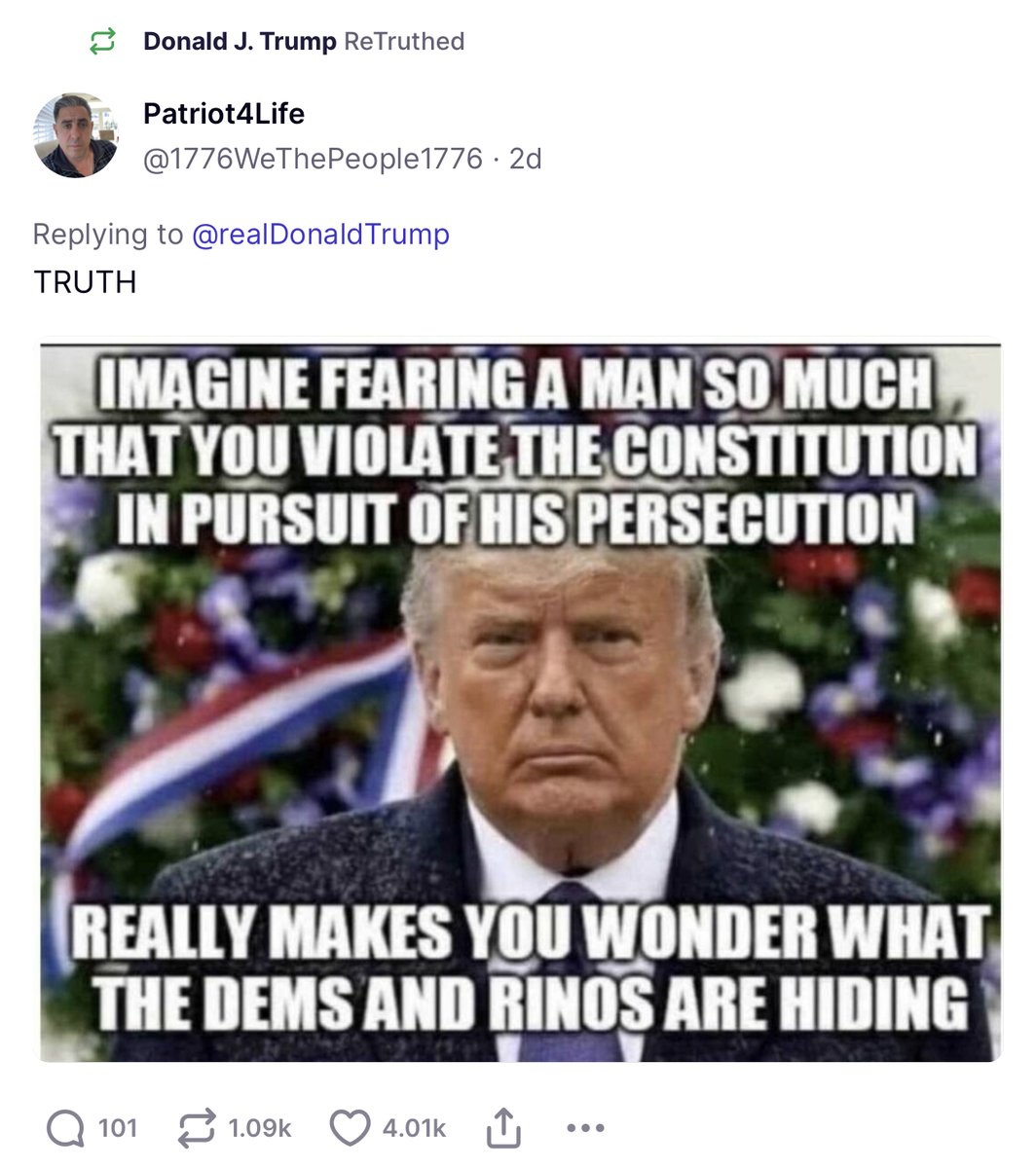 Trump repost says “Dems and RINOs are hiding” things and fear Trump