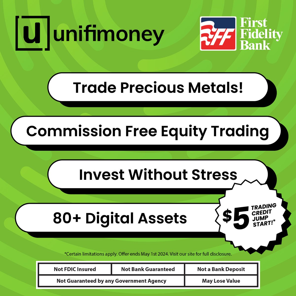 Get a $5 Trading Credit and start investing with Unifimoney! The user-friendly investment platform is accessible through your FFB banking app and helps you build your long-term investment portfolio. Offer ends May 1st, 2024. bit.ly/4amsQ5r
