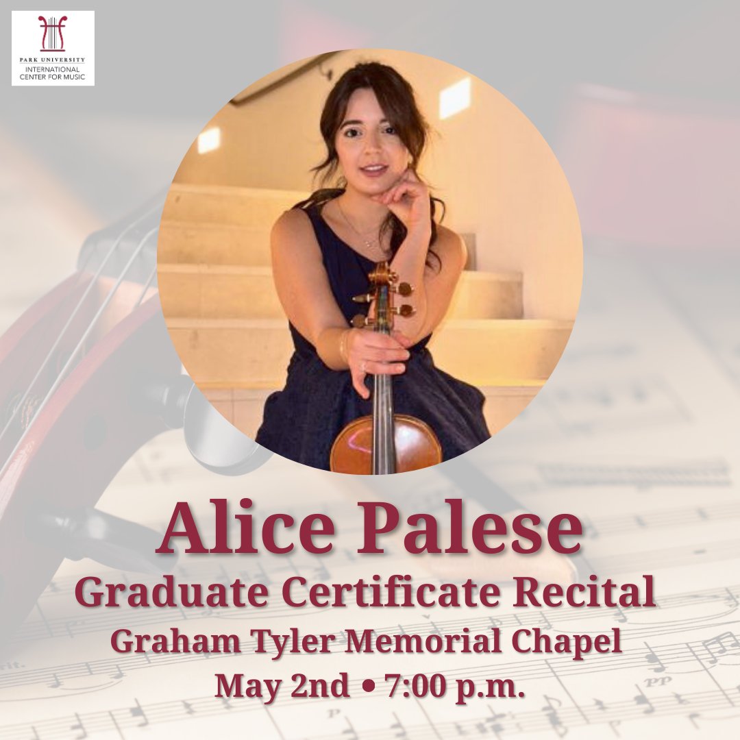 Mark your calendars because Alice Palese, our extraordinary student musician and talented violinist, is set to dazzle at her Graduate Certificate Recital on May 2nd at 7:00 p.m. in the Graham Tyler Memorial Chapel icm.park.edu/alice-palese/ #parkicm #parkproud #studentrecitals