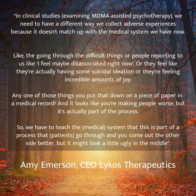 Lykos' CEO has said that PTSD-afflicted clinical trial subjects in MAPS-sponsored trials who experienced MDMA-associated 'suicidal ideation' were not experiencing a 'worse[ning]' of their PTSD, but rather that they were 'actually' undergoing a therapeutic 'process'. #SXSW2024