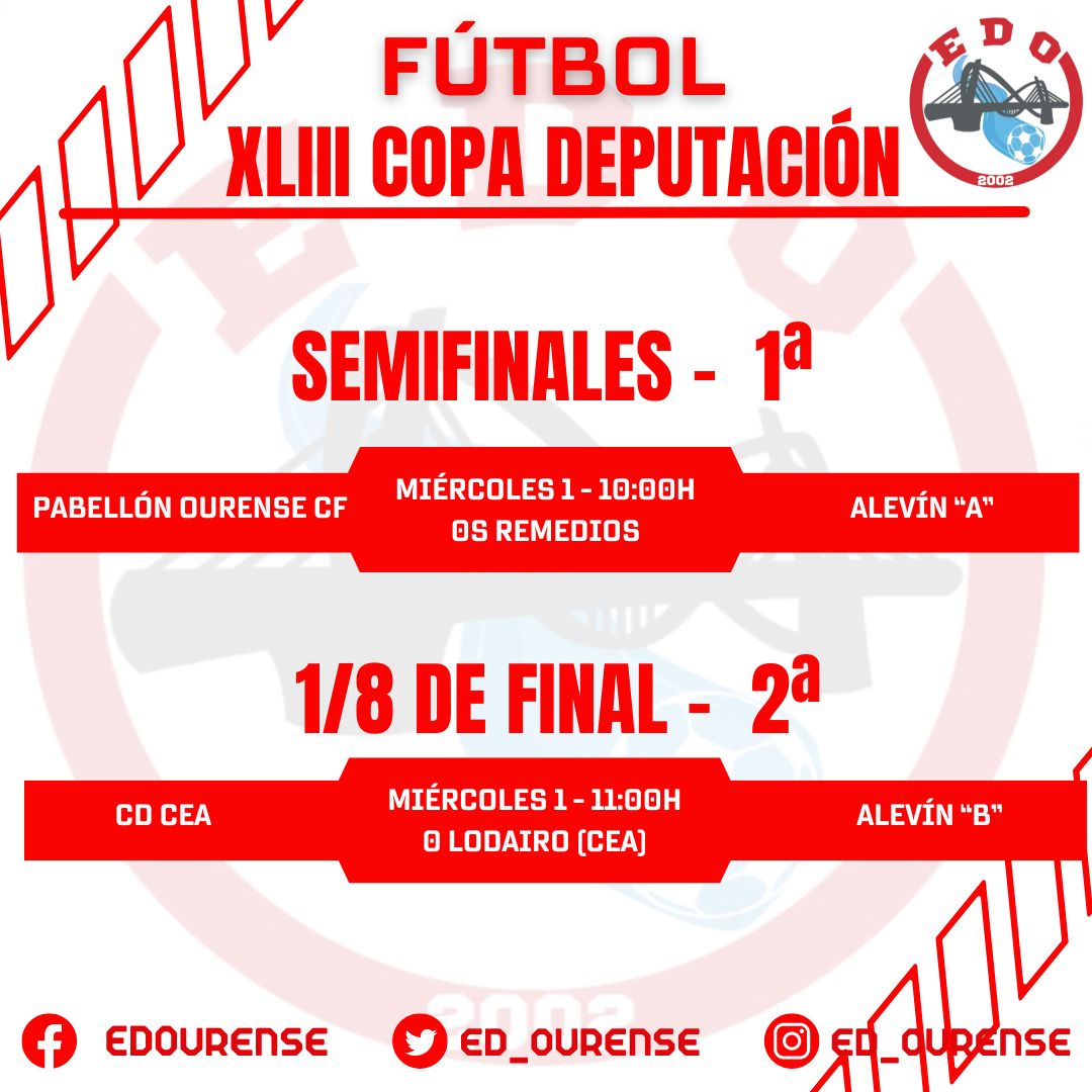 ed_ourense's tweet photo. ⚽️🏆 XLII COPA DEPUTACIÓN

📢 🕑 Horarios dos nosos equipos de #Fútbol que buscan avanzar rolda na #CopaDeputación de #Ourense

#EDO #EDOurense #Fútbol  #ourense #ourensemola #voltamosásorixes #PasiónPorElDeporte https://t.co/Y4XhbWFIQy