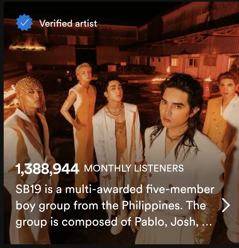 +12,560 MONTHLY LISTENERS

@SB19Official #SB19 #GrupoDuplaInternacional #SECAwards