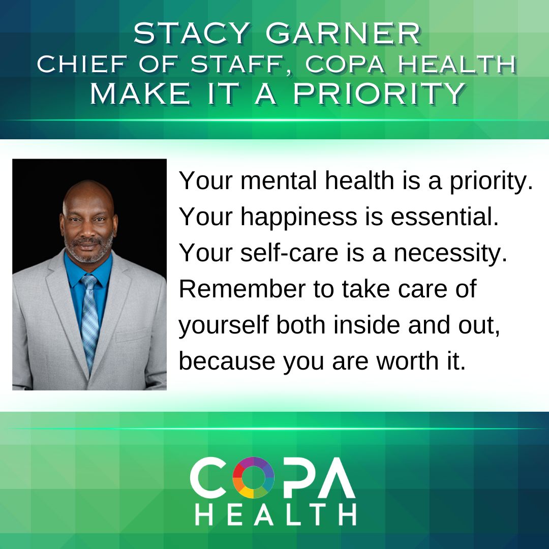 31 Days of Healing--Day 3
Copa's Chief of Staff, Stacy Garner, reminds us of the importance of making yourself a priority. Are you on your list?
#mentalhealthawarenessmonth #makeitcount #takecareofyou #youmatter