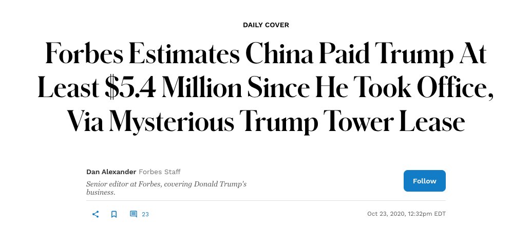 The People's Republic of China, led by the Chinese Communist Party, paid Donald Trump at least $5.4 million during his time in office. @Forbes
