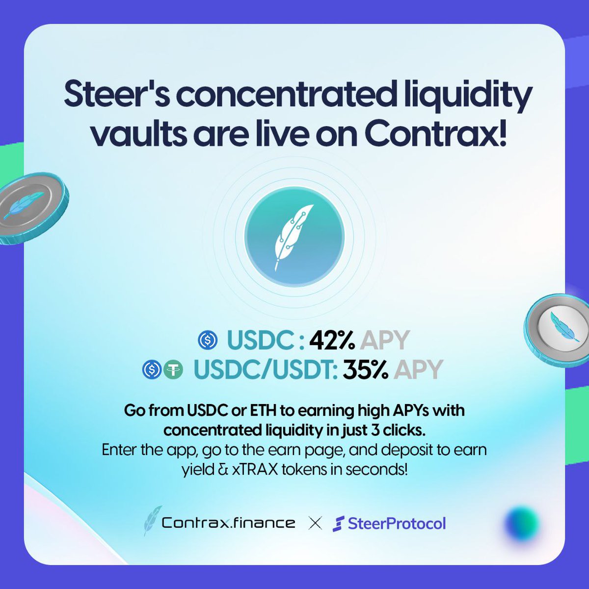 🌟 They're here again! Steer Concentrated Liquidity Vaults return to Contrax with unbeatable APYs: 42% on USDC and 35% on USDC/USDT. 💥 Just 3 clicks away! Enter the app, visit the earn page, and deposit to earn yield & xTRAX tokens in seconds!