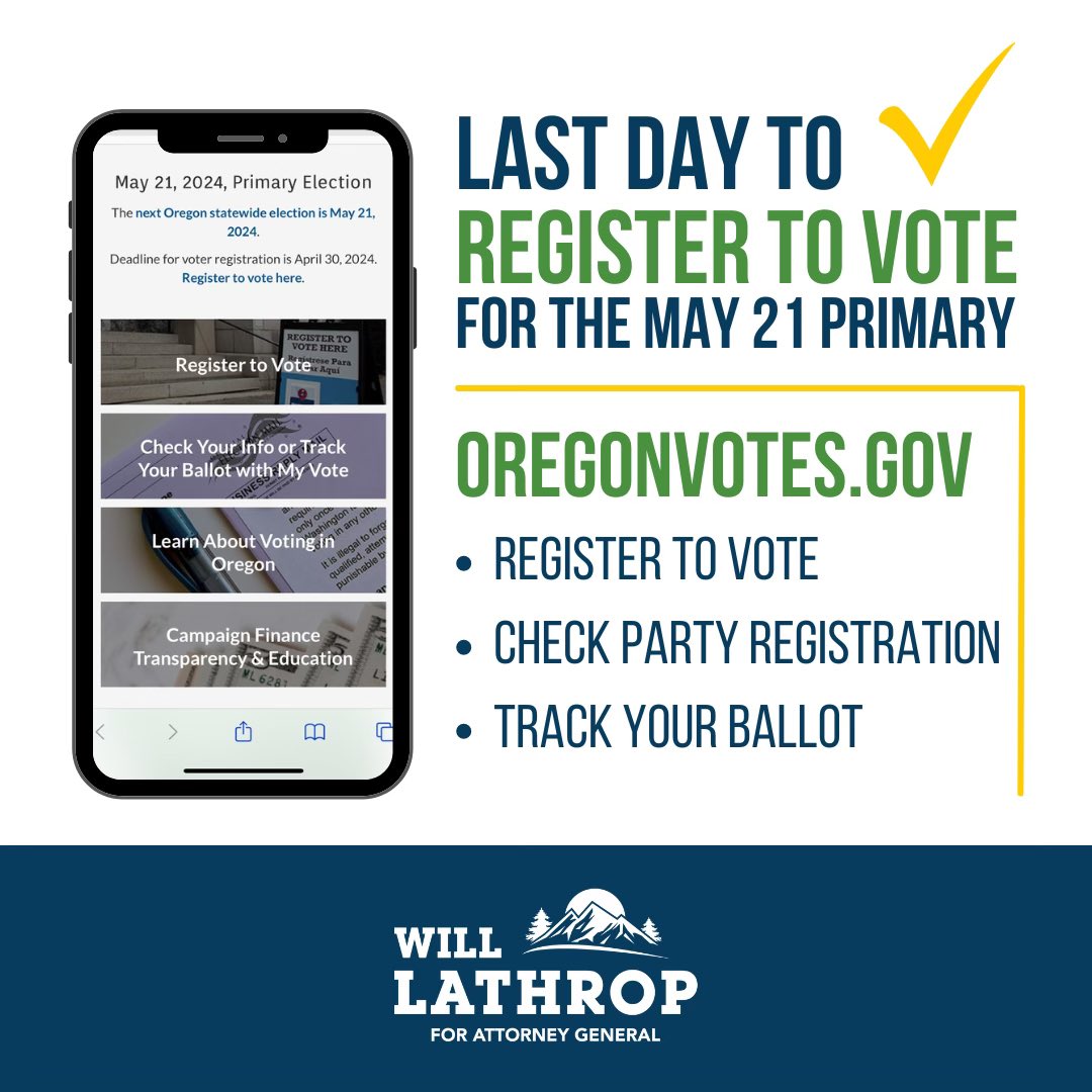 Today is the last day to register to vote for the May 21st Primary Election! Visit OregonVotes.gov to register to vote, check your party registration, track your ballot, and more! #orpol