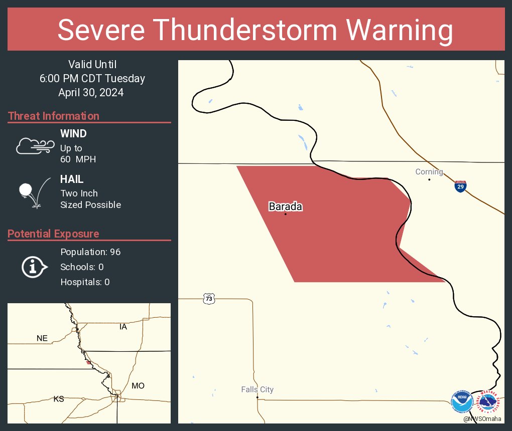 Severe Thunderstorm Warning continues for Barada NE until 6:00 PM CDT. This storm will contain two inch sized hail!