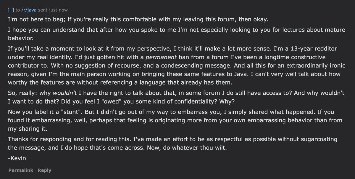 This morning I asked the mods if they were open to a discussion. I guess I will refrain from posting their reply, but this is what I replied back. (Because, as explained therein, why *wouldn't* I share it? I owe them nothing.)