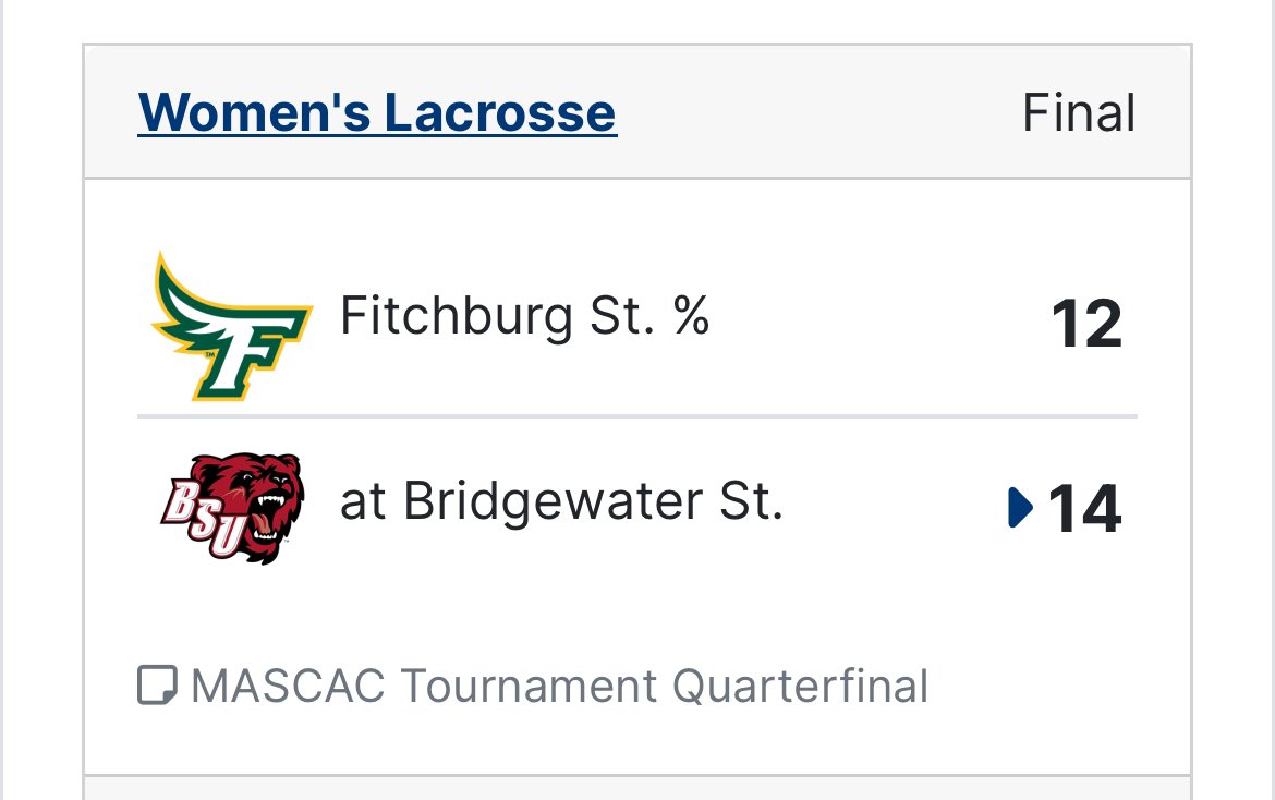 .@bsubears is moving on to the #MASCAC WLAX semifinals after stopping the Fitchburg State comeback in the quarterfinals this afternoon. #d3wlax #MASCACpride