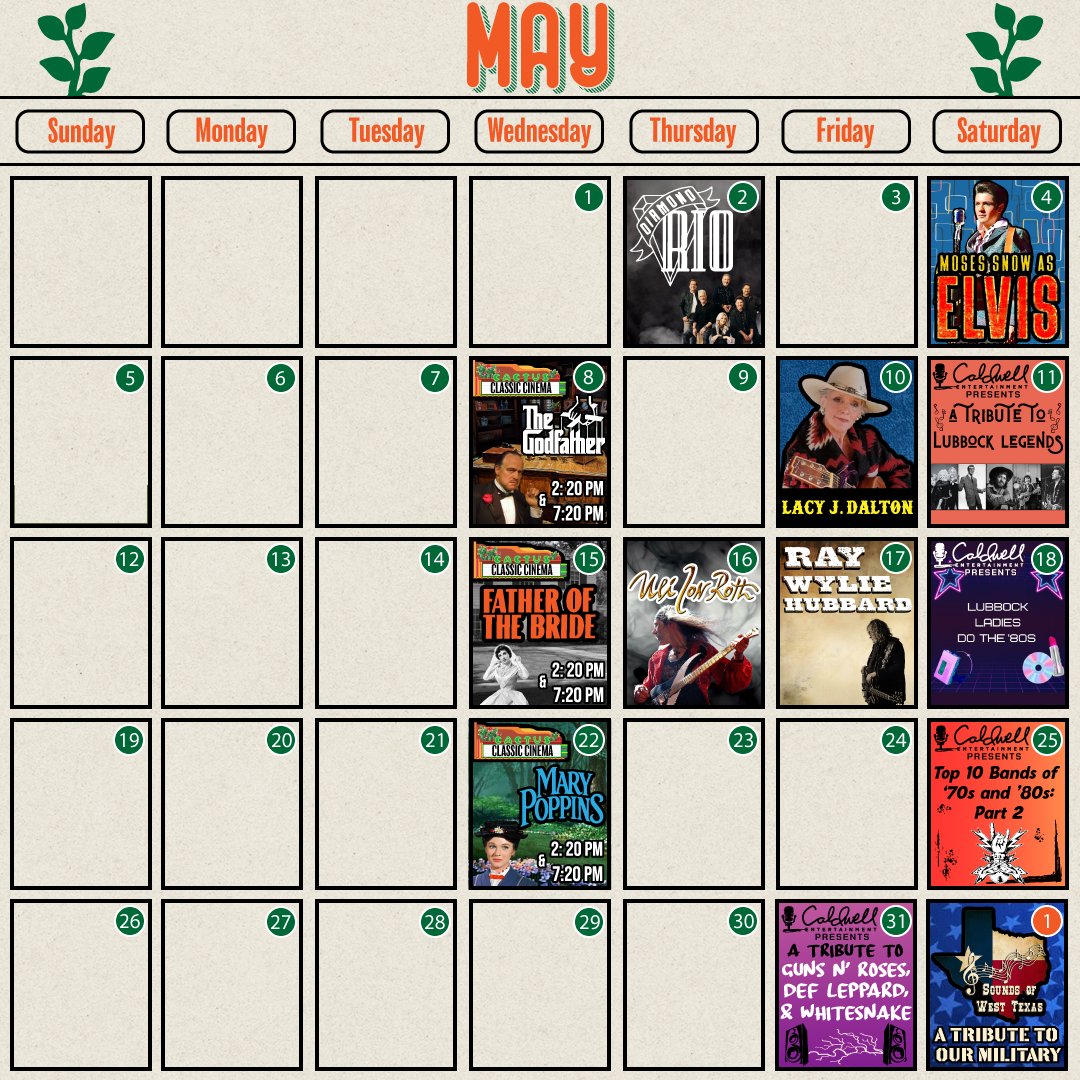 This is the schedule for May at the historic Cactus Theater! Full of concerts, movies, and special events! GET TICKETS NOW! 🎟️ > cactustheater.com | #lubbock #lubbocktx #hubcity #cactustheater #cactusclassiccinema #May2024