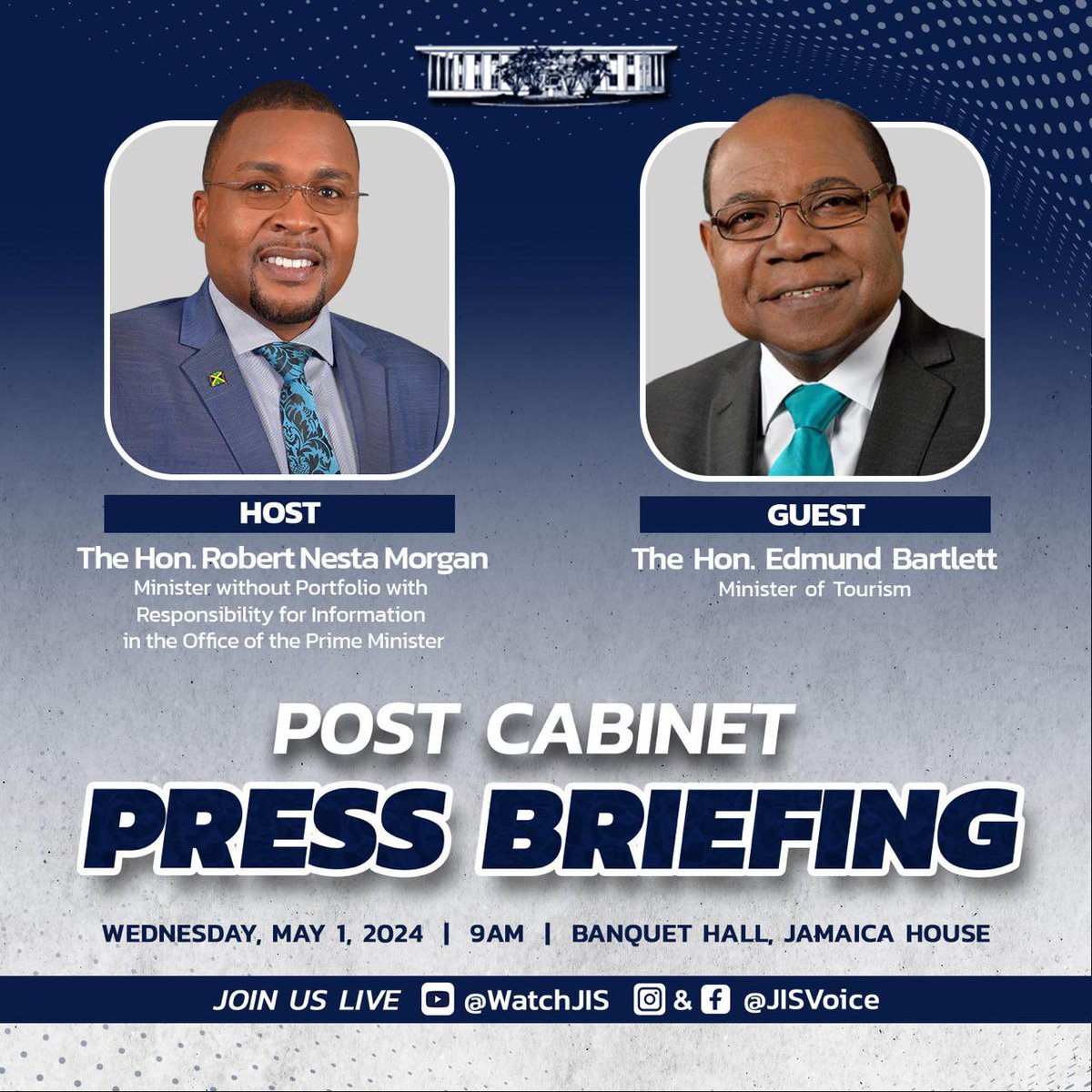 Join us tomorrow at 9:00am for POST CABINET PRESS BRIEFING Minister of Tourism, the Honourable Edmund Bartlett will join me for the Briefing. STREAMING LIVE ON: @pbcjamaica @jisvoice - Facebook and YouTube @andrewholness on IG and Facebook RobertNestaMorgan - Facebook…