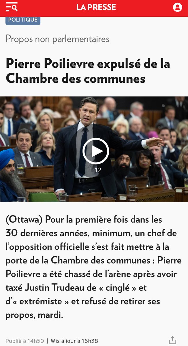 C’est quoi ça? La maternelle? 😂😂Poilievre s’est fait chassé de la chambre des commune après avoir traité le mongole libéral de cinglé et d’extrémiste. Il a refusé de retirer ses propos. Il a raison mais de la à te faire évincer pour la vérité. 🤷🏻‍♀️lapresse.ca/actualites/pol…